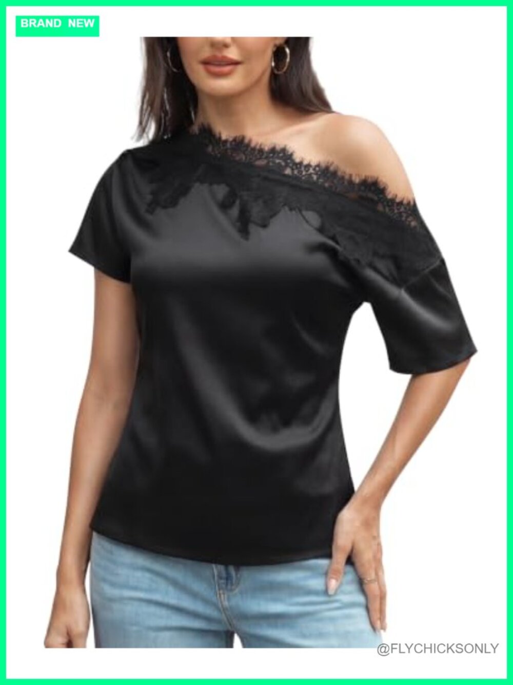Satin Off Shoulder Top with Lace Asymmetrical Date Night Blouse